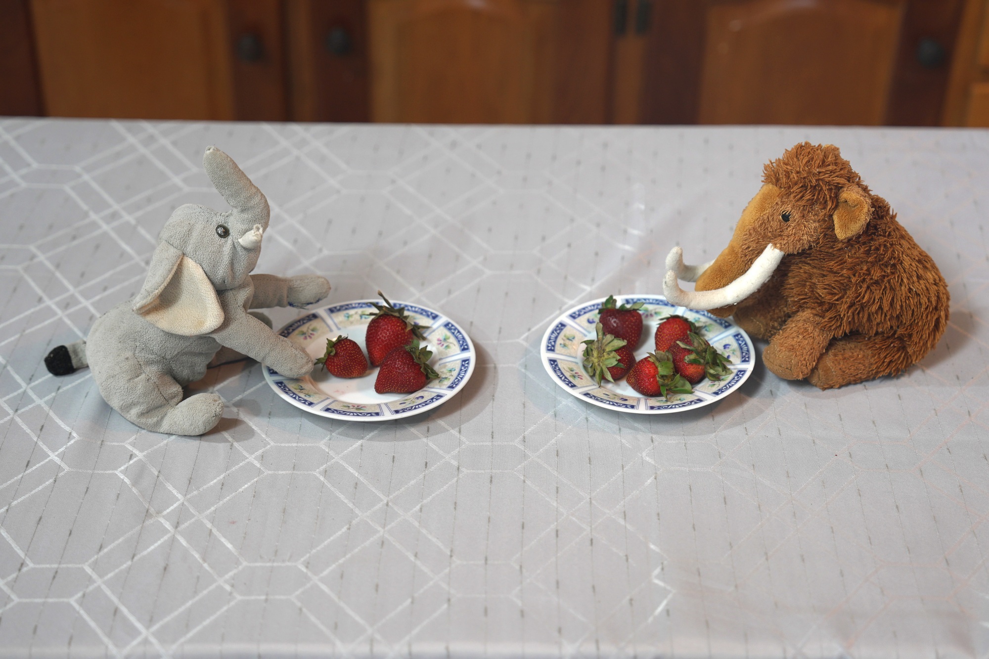 two stuffed animals with some strawberries on their plates